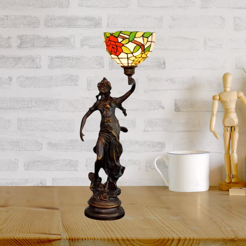 Resin Torchiere Table Light Tiffany 1 Bulb Bronze Nightstand Lamp with Red-Yellow/Blue/Red Flower Glass Shade Red-Yellow Clearhalo 'Lamps' 'Table Lamps' Lighting' 889755