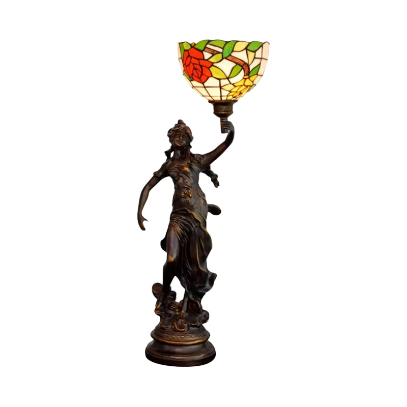 Resin Torchiere Table Light Tiffany 1 Bulb Bronze Nightstand Lamp with Red-Yellow/Blue/Red Flower Glass Shade Clearhalo 'Lamps' 'Table Lamps' Lighting' 889756