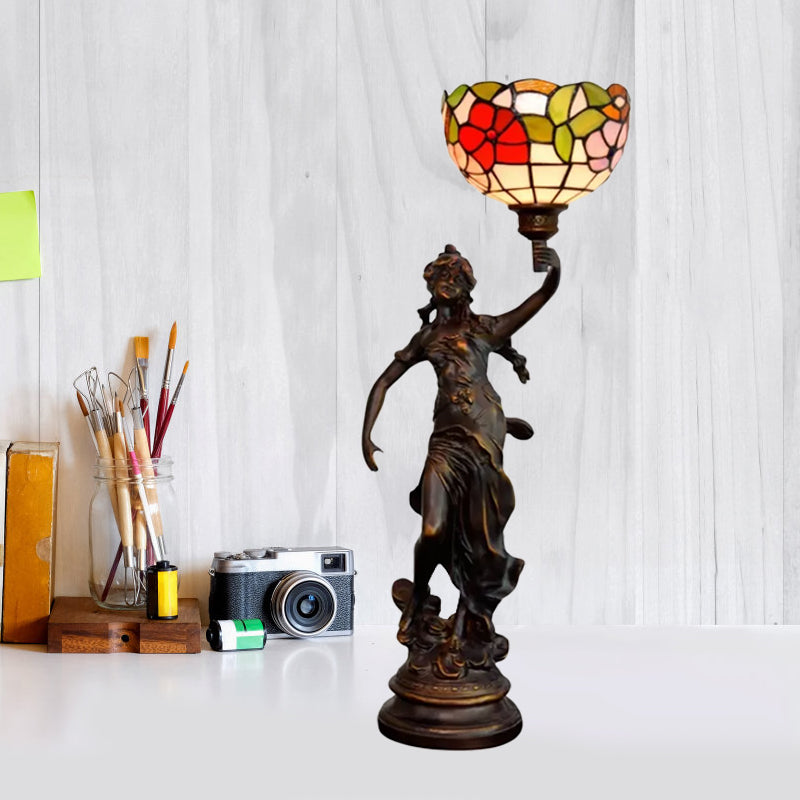 Resin Torchiere Table Light Tiffany 1 Bulb Bronze Nightstand Lamp with Red-Yellow/Blue/Red Flower Glass Shade Red Clearhalo 'Lamps' 'Table Lamps' Lighting' 889763