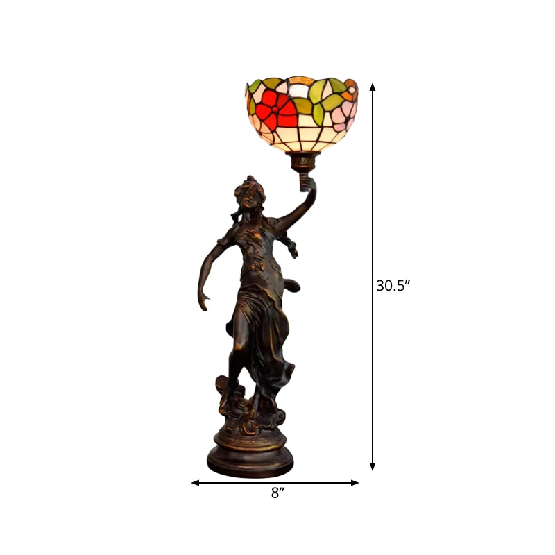 Resin Torchiere Table Light Tiffany 1 Bulb Bronze Nightstand Lamp with Red-Yellow/Blue/Red Flower Glass Shade Clearhalo 'Lamps' 'Table Lamps' Lighting' 889767