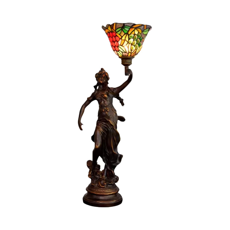 Angel Statue Night Stand Light Single White-Green/Orange/Green Floral Glass Tiffany Table Lighting in Bronze Clearhalo 'Lamps' 'Table Lamps' Lighting' 889774