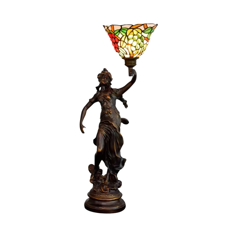 Angel Statue Night Stand Light Single White-Green/Orange/Green Floral Glass Tiffany Table Lighting in Bronze Clearhalo 'Lamps' 'Table Lamps' Lighting' 889779