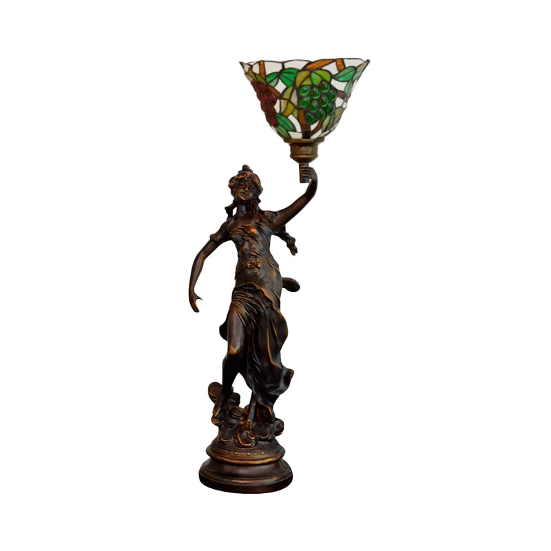 Angel Statue Night Stand Light Single White-Green/Orange/Green Floral Glass Tiffany Table Lighting in Bronze Clearhalo 'Lamps' 'Table Lamps' Lighting' 889780