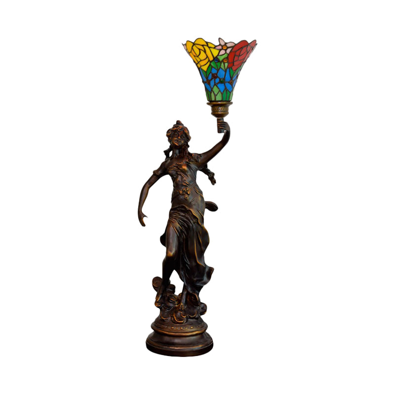 Flared Shade Stained Glass Night Light Tiffany Style 1 Head Coffee Table Lamp with Angel Base Clearhalo 'Lamps' 'Table Lamps' Lighting' 889783