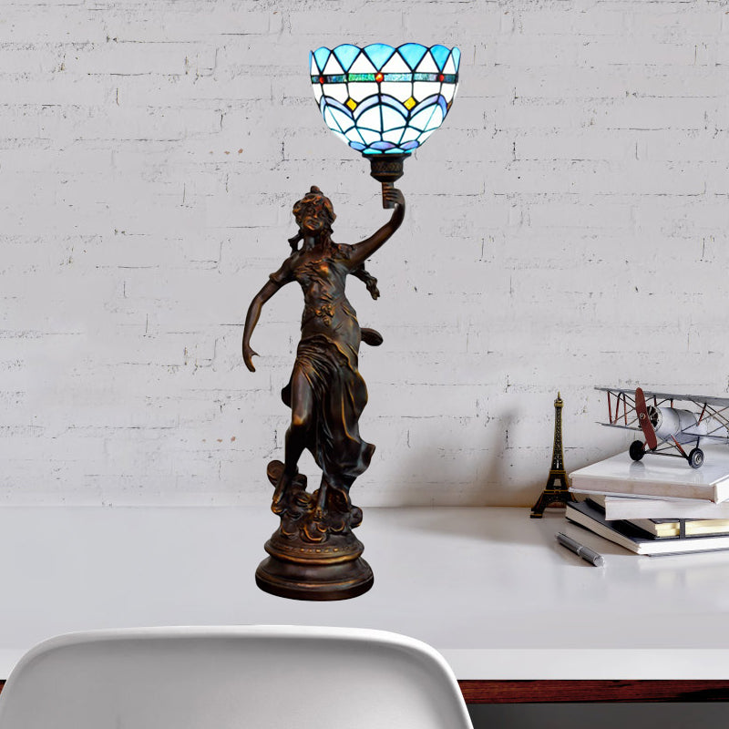 Tiffany-Style Angel Girl Table Lamp Single-Bulb Blue and White/Beige Cut Glass Nightstand Light for Bedroom Blue-White Clearhalo 'Lamps' 'Table Lamps' Lighting' 889785