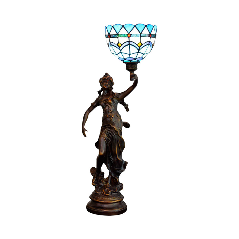 Tiffany-Style Angel Girl Table Lamp Single-Bulb Blue and White/Beige Cut Glass Nightstand Light for Bedroom Clearhalo 'Lamps' 'Table Lamps' Lighting' 889786