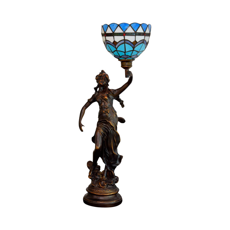 Tiffany-Style Angel Girl Table Lamp Single-Bulb Blue and White/Beige Cut Glass Nightstand Light for Bedroom Clearhalo 'Lamps' 'Table Lamps' Lighting' 889787