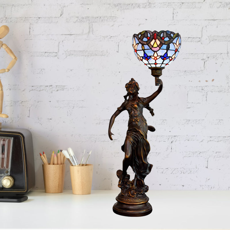 Bronze Women Sculpture Night Lamp Victorian Style 1 Head Resin Table Light with Blue-White/Blue Tiffany Glass Shade Blue Clearhalo 'Lamps' 'Table Lamps' Lighting' 889794