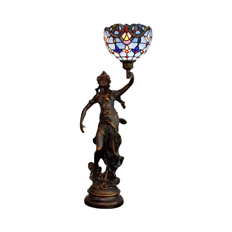 Bronze Women Sculpture Night Lamp Victorian Style 1 Head Resin Table Light with Blue-White/Blue Tiffany Glass Shade Clearhalo 'Lamps' 'Table Lamps' Lighting' 889795