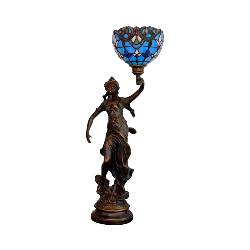 Bronze Women Sculpture Night Lamp Victorian Style 1 Head Resin Table Light with Blue-White/Blue Tiffany Glass Shade Clearhalo 'Lamps' 'Table Lamps' Lighting' 889796