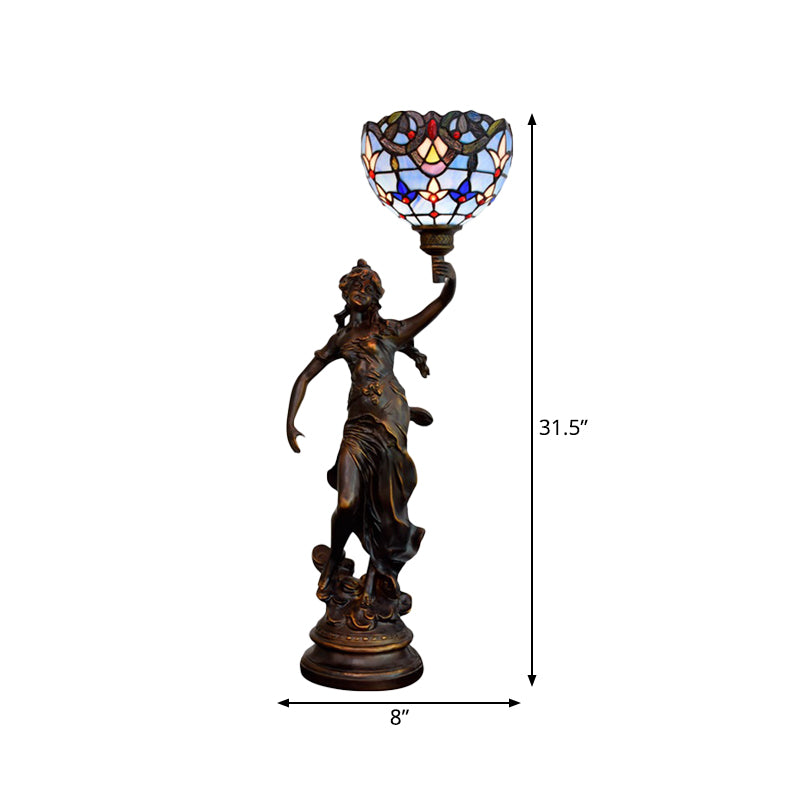 Bronze Women Sculpture Night Lamp Victorian Style 1 Head Resin Table Light with Blue-White/Blue Tiffany Glass Shade Clearhalo 'Lamps' 'Table Lamps' Lighting' 889797