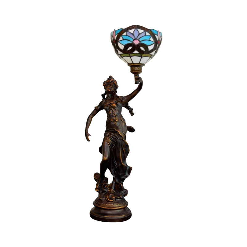 Bronze Women Sculpture Night Lamp Victorian Style 1 Head Resin Table Light with Blue-White/Blue Tiffany Glass Shade Clearhalo 'Lamps' 'Table Lamps' Lighting' 889801