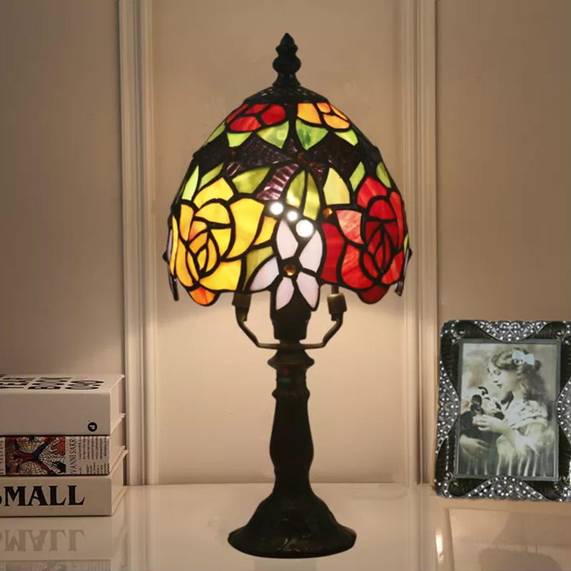 1 Head Rose Patterned Night Lamp Baroque Dark Coffee Stained Art Glass Nightstand Light with Bowl Shade Dark Coffee Clearhalo 'Lamps' 'Table Lamps' Lighting' 889802
