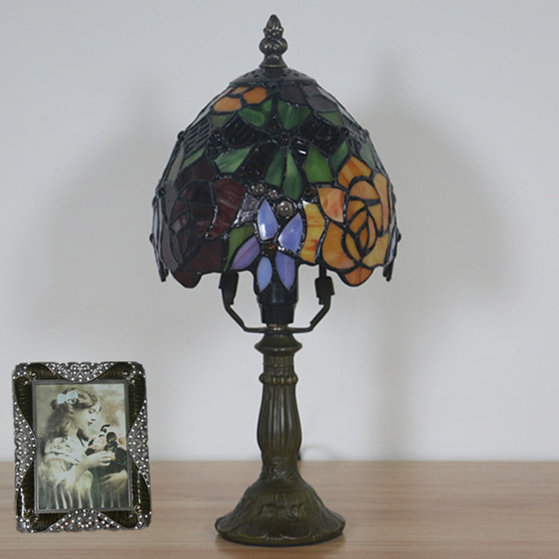 1 Head Rose Patterned Night Lamp Baroque Dark Coffee Stained Art Glass Nightstand Light with Bowl Shade Clearhalo 'Lamps' 'Table Lamps' Lighting' 889803
