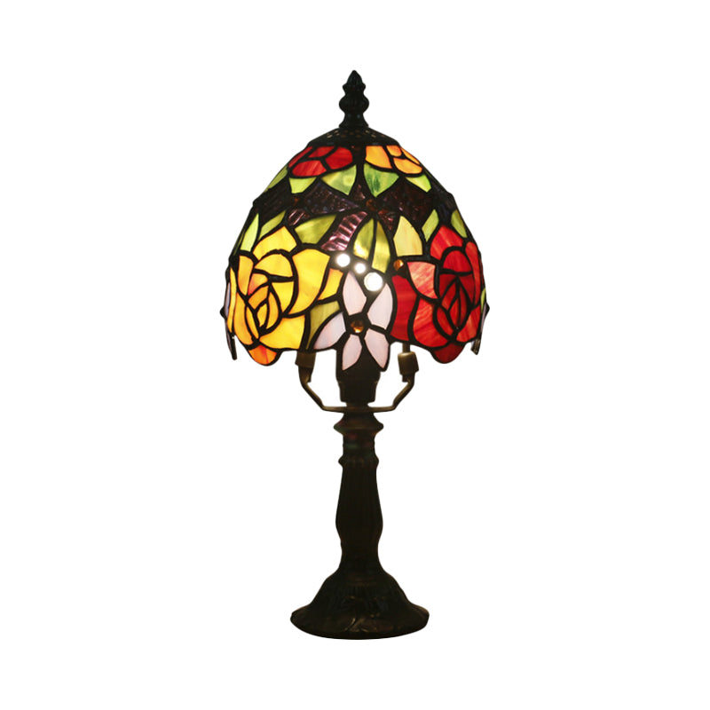 1 Head Rose Patterned Night Lamp Baroque Dark Coffee Stained Art Glass Nightstand Light with Bowl Shade Clearhalo 'Lamps' 'Table Lamps' Lighting' 889804