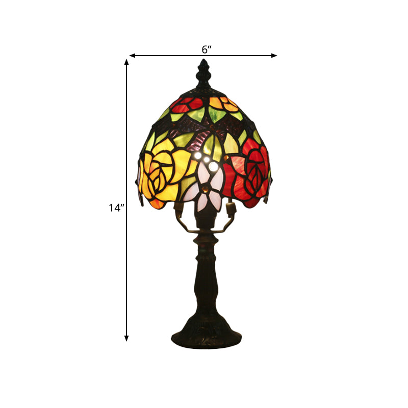 1 Head Rose Patterned Night Lamp Baroque Dark Coffee Stained Art Glass Nightstand Light with Bowl Shade Clearhalo 'Lamps' 'Table Lamps' Lighting' 889805