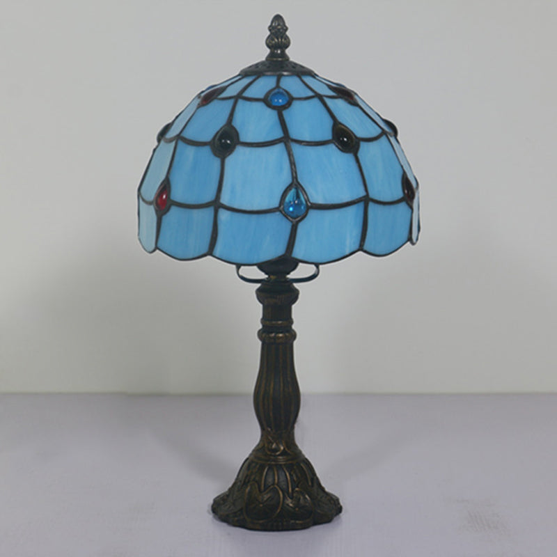 Blue Glass Lattice Bowl Table Lighting Mediterranean 1 Head Bronze Gem Patterned Desk Lighting for Bedroom Blue Clearhalo 'Lamps' 'Table Lamps' Lighting' 889810