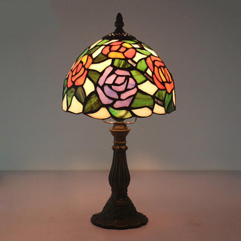 Pink/Purple and Pink Rose Night Lamp Victorian 1 Light Stained Art Glass Table Lighting with Dome Shade Purple-Red Clearhalo 'Lamps' 'Table Lamps' Lighting' 889858