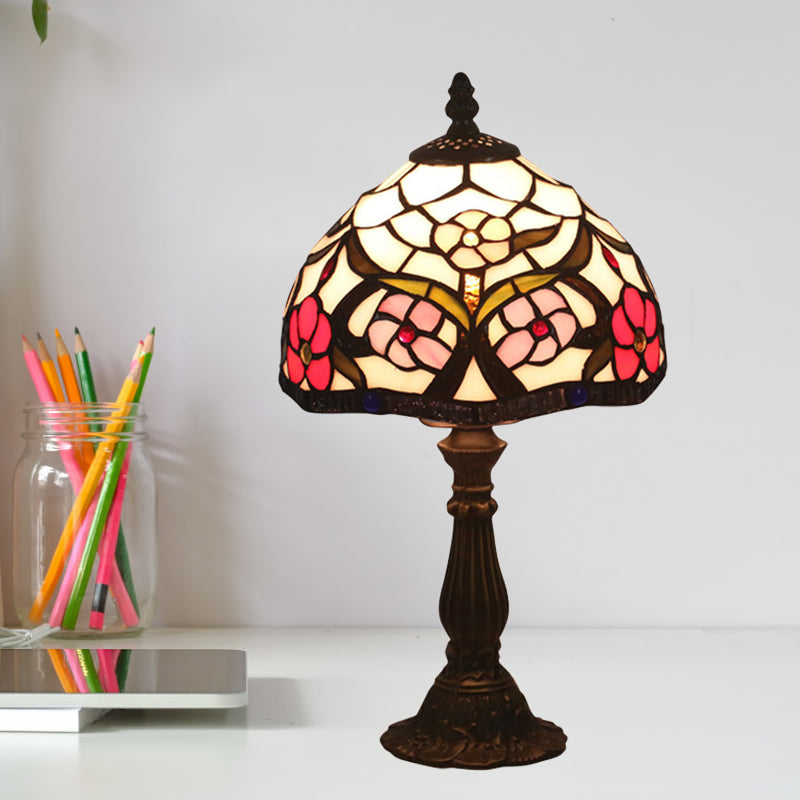 Tiffany Bowl Night Lighting 1 Head Hand Cut Glass Flower Patterned Table Light in Red/Yellow/Purple for Bedside Red Clearhalo 'Lamps' 'Table Lamps' Lighting' 889870