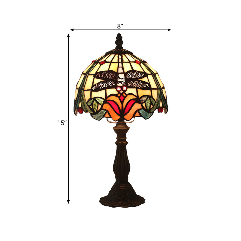 Stained Glass Red/Orange Table Light Dome Shade 1-Light Victorian Dragonfly and Floral Patterned Desk Lamp Clearhalo 'Lamps' 'Table Lamps' Lighting' 889933