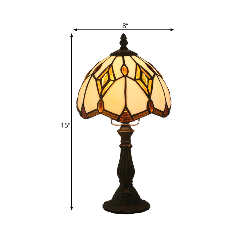 Bronze Domed Desk Lamp Mediterranean 1 Light Beige Glass Rhombus Patterned Night Light Clearhalo 'Lamps' 'Table Lamps' Lighting' 889949