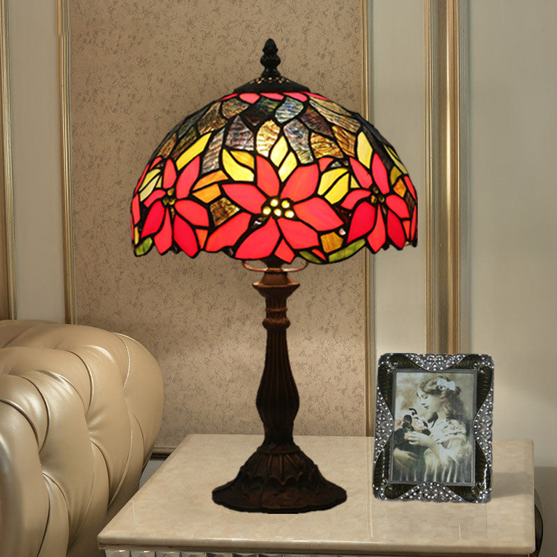 Bowl Shape Desk Lighting 1-Head Stained Art Glass Mediterranean Flower Patterned Table Lamp in Bronze Bronze Clearhalo 'Lamps' 'Table Lamps' Lighting' 889982