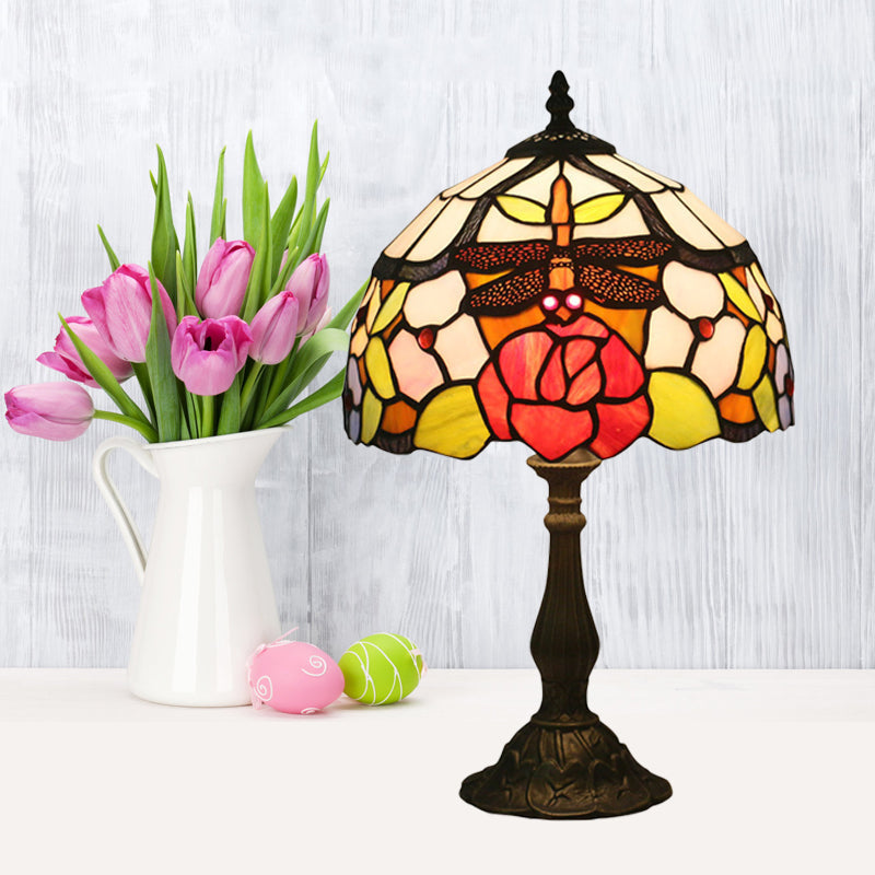 Bronze Domed Task Lighting Mediterranean 1 Light Stained Art Glass Table Lamp with Rose and Dragonfly Pattern Bronze Clearhalo 'Lamps' 'Table Lamps' Lighting' 889994