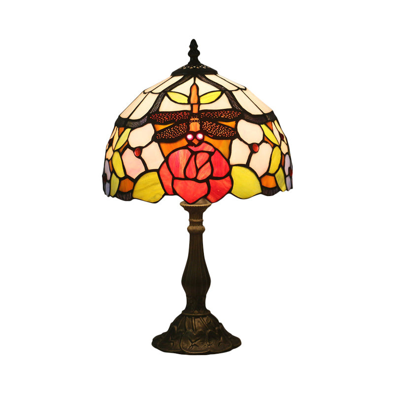 Bronze Domed Task Lighting Mediterranean 1 Light Stained Art Glass Table Lamp with Rose and Dragonfly Pattern Clearhalo 'Lamps' 'Table Lamps' Lighting' 889995
