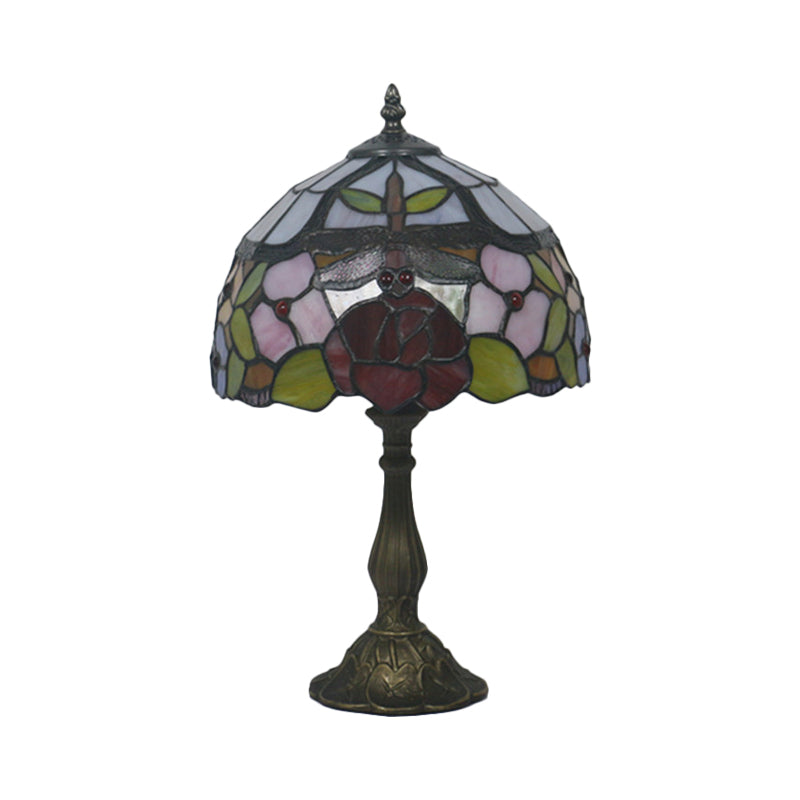 Bronze Domed Task Lighting Mediterranean 1 Light Stained Art Glass Table Lamp with Rose and Dragonfly Pattern Clearhalo 'Lamps' 'Table Lamps' Lighting' 889996