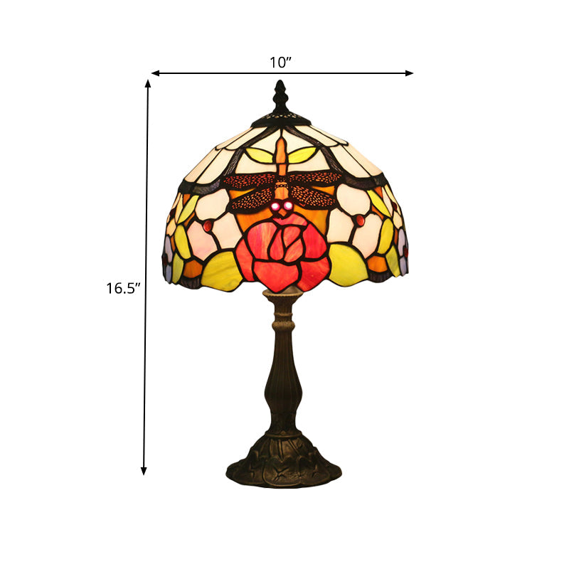 Bronze Domed Task Lighting Mediterranean 1 Light Stained Art Glass Table Lamp with Rose and Dragonfly Pattern Clearhalo 'Lamps' 'Table Lamps' Lighting' 889997