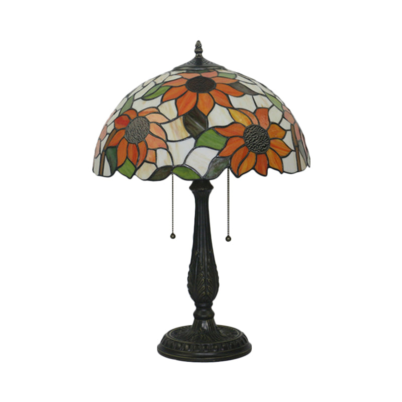Bronze 2 Heads Nightstand Lamp Victorian Cut Glass Dome Pull Chain Desk Light with Sunflower Pattern Clearhalo 'Lamps' 'Table Lamps' Lighting' 890004