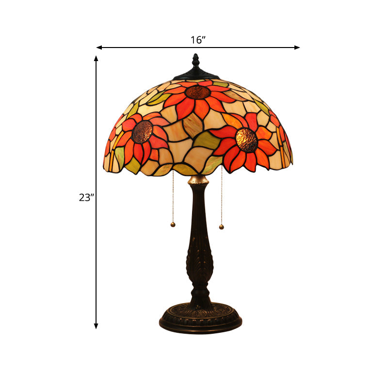 Bronze 2 Heads Nightstand Lamp Victorian Cut Glass Dome Pull Chain Desk Light with Sunflower Pattern Clearhalo 'Lamps' 'Table Lamps' Lighting' 890005