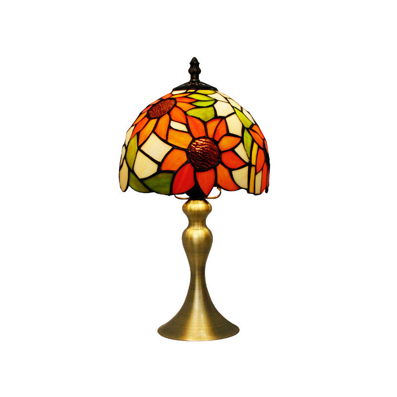 Sunflower Pattern Dome Shade Night Lamp 1 Head Stained Glass Tiffany Table Light with Brushed Brass Flared Base Clearhalo 'Lamps' 'Table Lamps' Lighting' 890008
