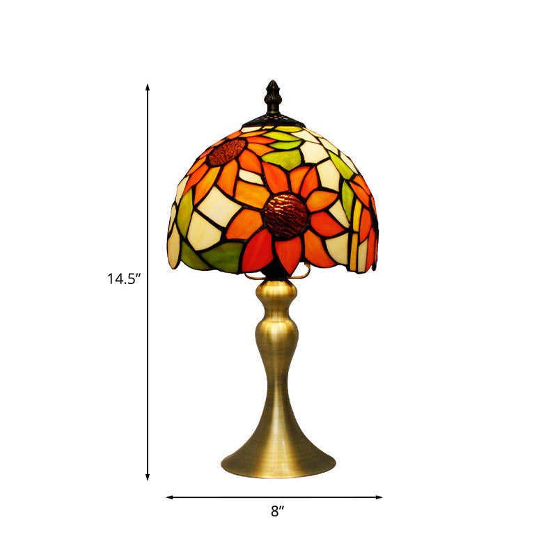 Sunflower Pattern Dome Shade Night Lamp 1 Head Stained Glass Tiffany Table Light with Brushed Brass Flared Base Clearhalo 'Lamps' 'Table Lamps' Lighting' 890009