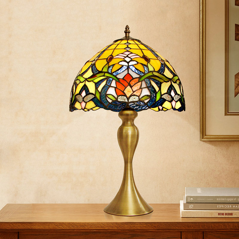 Brushed Brass 1 Head Nightstand Light Tiffany Floral Glass Bowl Shade Table Lamp Brushed Brass Clearhalo 'Lamps' 'Table Lamps' Lighting' 890010