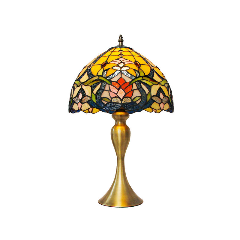 Brushed Brass 1 Head Nightstand Light Tiffany Floral Glass Bowl Shade Table Lamp Clearhalo 'Lamps' 'Table Lamps' Lighting' 890012