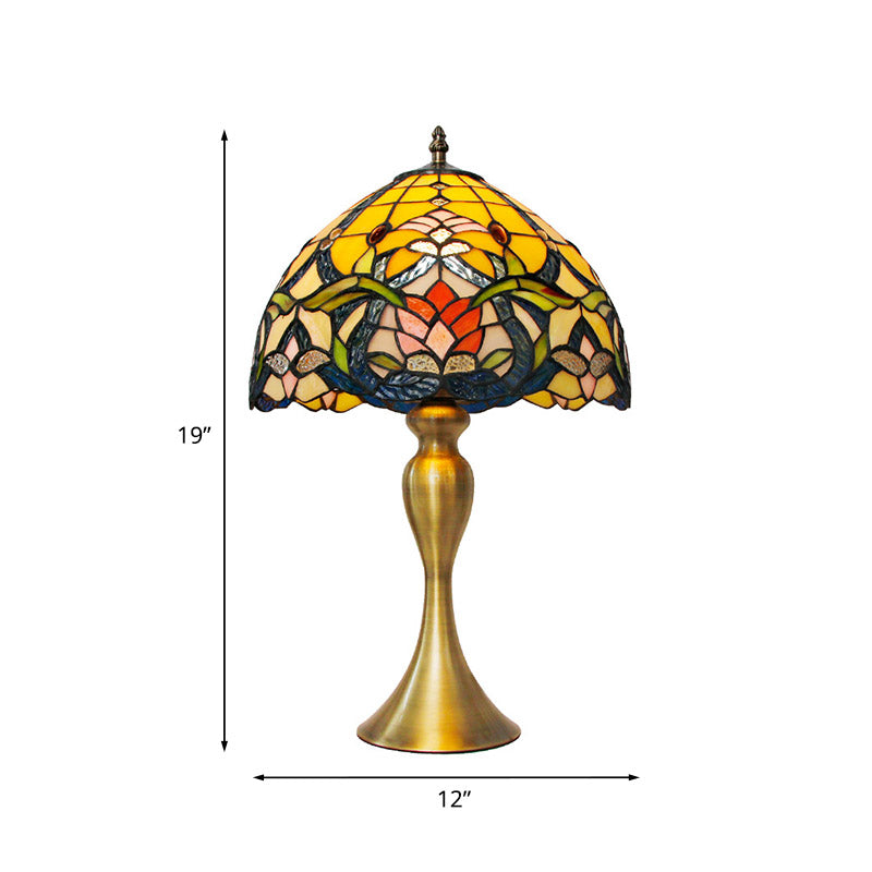 Brushed Brass 1 Head Nightstand Light Tiffany Floral Glass Bowl Shade Table Lamp Clearhalo 'Lamps' 'Table Lamps' Lighting' 890013