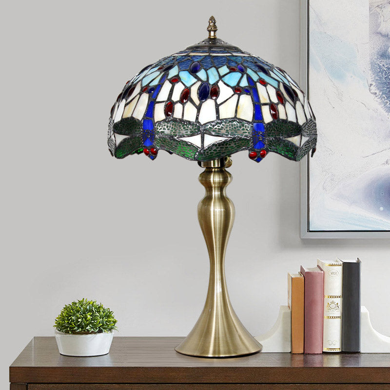 1-Head Bowl Shape Table Lighting Tiffany Green Dragonfly Glass Nightstand Lamp in Gold Gold Clearhalo 'Lamps' 'Table Lamps' Lighting' 890014