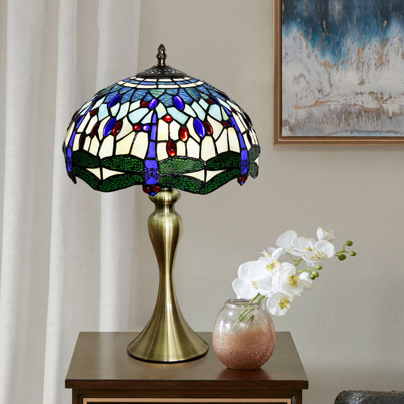 1-Head Bowl Shape Table Lighting Tiffany Green Dragonfly Glass Nightstand Lamp in Gold Clearhalo 'Lamps' 'Table Lamps' Lighting' 890015
