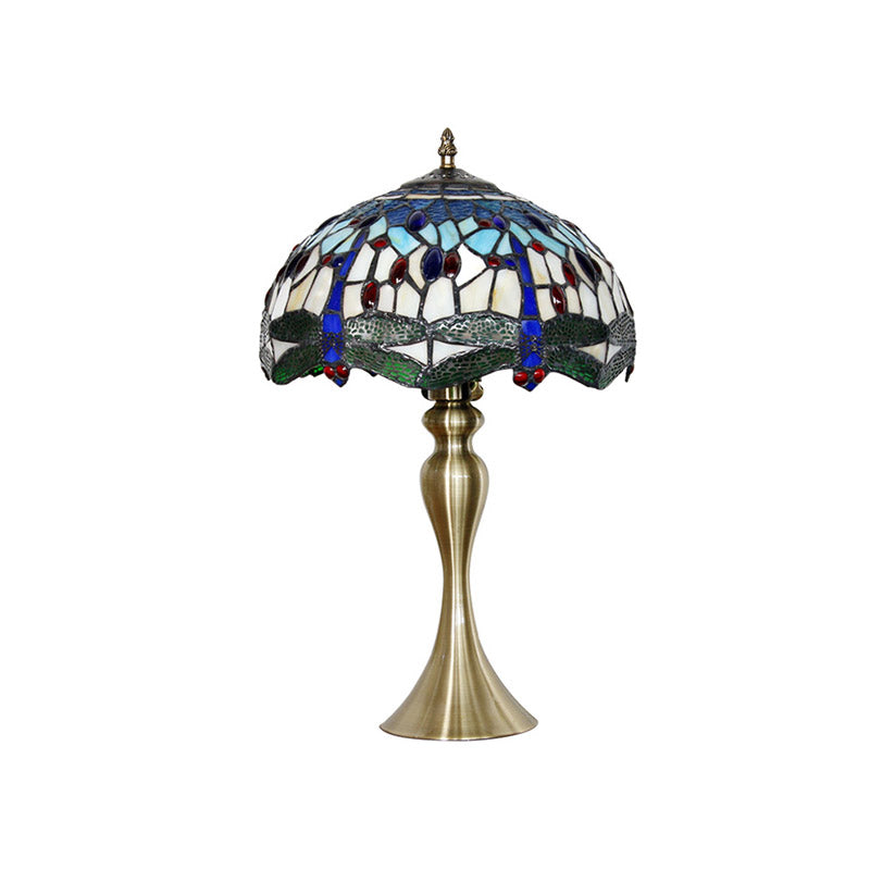 1-Head Bowl Shape Table Lighting Tiffany Green Dragonfly Glass Nightstand Lamp in Gold Clearhalo 'Lamps' 'Table Lamps' Lighting' 890016