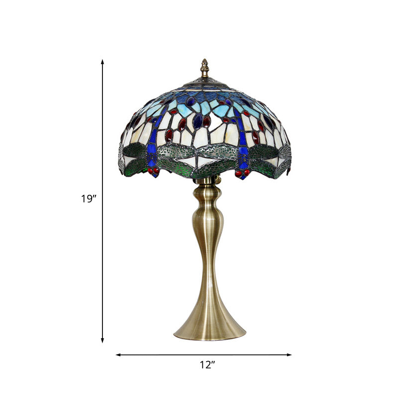 1-Head Bowl Shape Table Lighting Tiffany Green Dragonfly Glass Nightstand Lamp in Gold Clearhalo 'Lamps' 'Table Lamps' Lighting' 890017