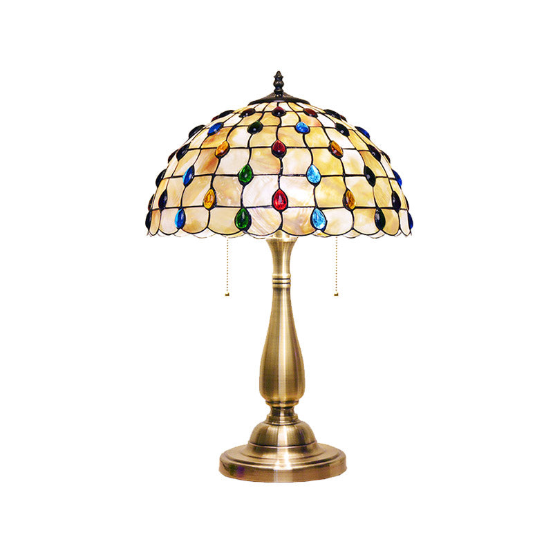 Jewel-Embedded Grid Table Light Tiffany Shell 2 Bulbs Gold Pull Chain Nightstand Lamp for Bedroom Clearhalo 'Lamps' 'Table Lamps' Lighting' 890020