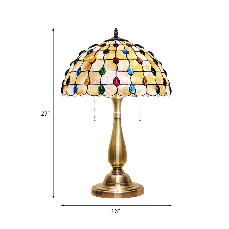 Jewel-Embedded Grid Table Light Tiffany Shell 2 Bulbs Gold Pull Chain Nightstand Lamp for Bedroom Clearhalo 'Lamps' 'Table Lamps' Lighting' 890021