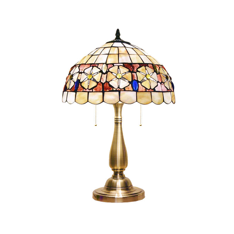 Shell Flower-Belt Hemisphere Table Lamp Mediterranean 2-Light Brushed Brass Night Stand Light with Pull Chain Clearhalo 'Lamps' 'Table Lamps' Lighting' 890024