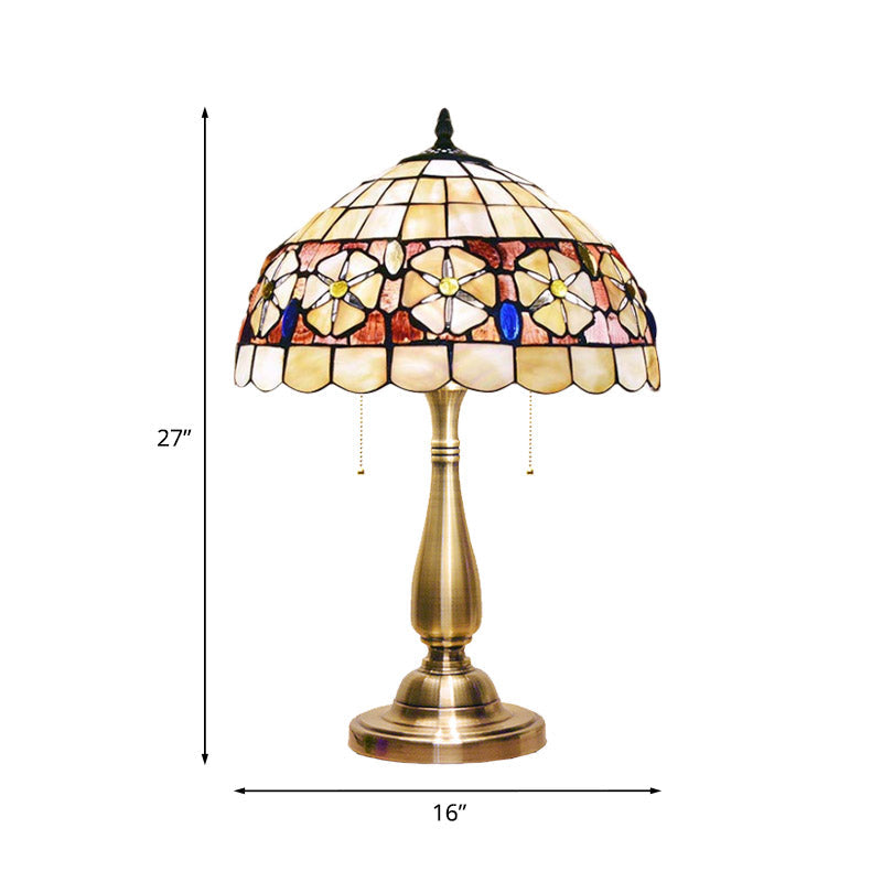 Shell Flower-Belt Hemisphere Table Lamp Mediterranean 2-Light Brushed Brass Night Stand Light with Pull Chain Clearhalo 'Lamps' 'Table Lamps' Lighting' 890025