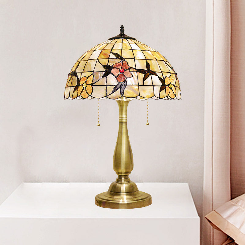 Tiffany Sparrow Pull-Chain Night Light 2-Head Shell Table Lamp in Brushed Brass for Bedside Clearhalo 'Lamps' 'Table Lamps' Lighting' 890027