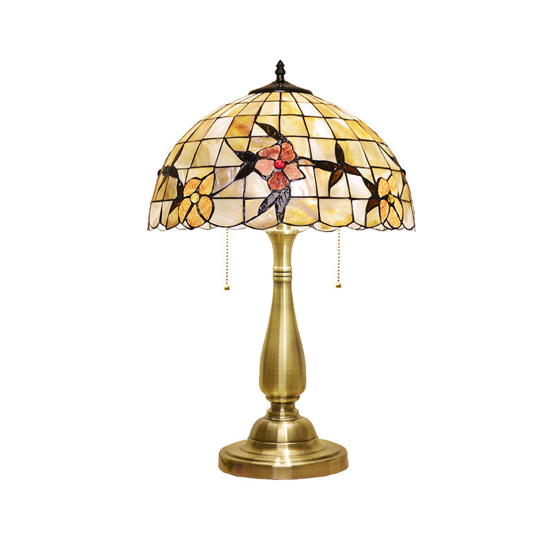 Tiffany Sparrow Pull-Chain Night Light 2-Head Shell Table Lamp in Brushed Brass for Bedside Clearhalo 'Lamps' 'Table Lamps' Lighting' 890028