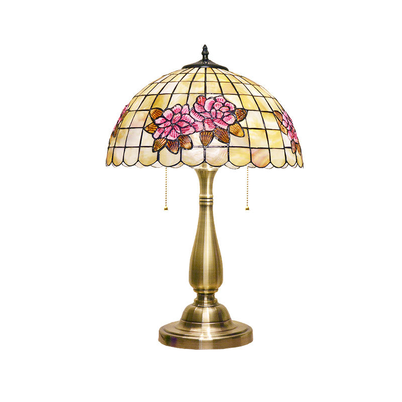 Flower Pattern Grid Shell Table Lamp Tiffany Style 2 Bulbs Gold Finish Night Stand Light with Pull Chain Clearhalo 'Lamps' 'Table Lamps' Lighting' 890032