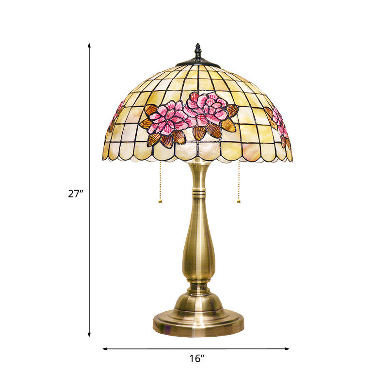 Flower Pattern Grid Shell Table Lamp Tiffany Style 2 Bulbs Gold Finish Night Stand Light with Pull Chain Clearhalo 'Lamps' 'Table Lamps' Lighting' 890033