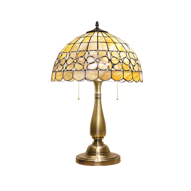 Gold Scalloped Bowl Nightstand Lamp Tiffany 2 Lights Shell Table Lighting with Pull Chain Switch Clearhalo 'Lamps' 'Table Lamps' Lighting' 890036